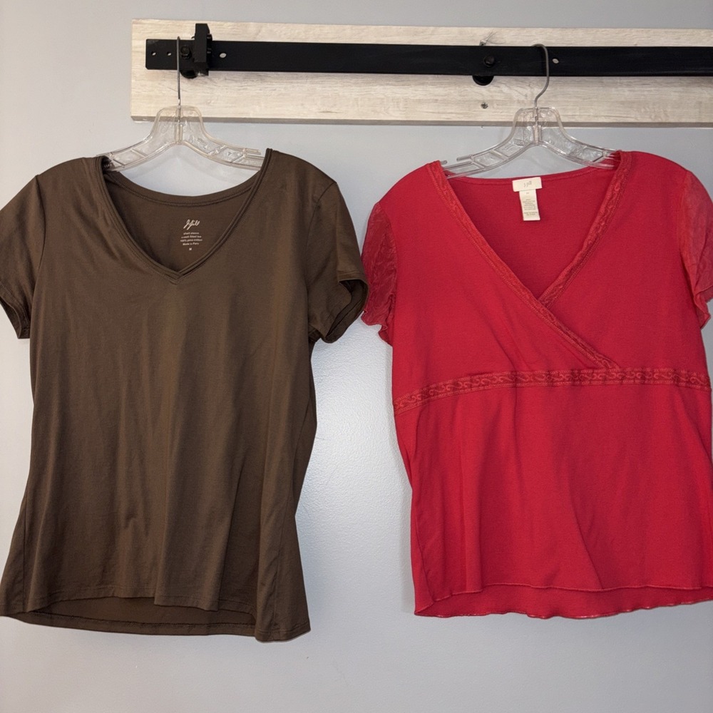 J.Jill Women's Lot Of 2 Cotton T Shirts Short Sleeve V-Neck Cotton Casual Size M